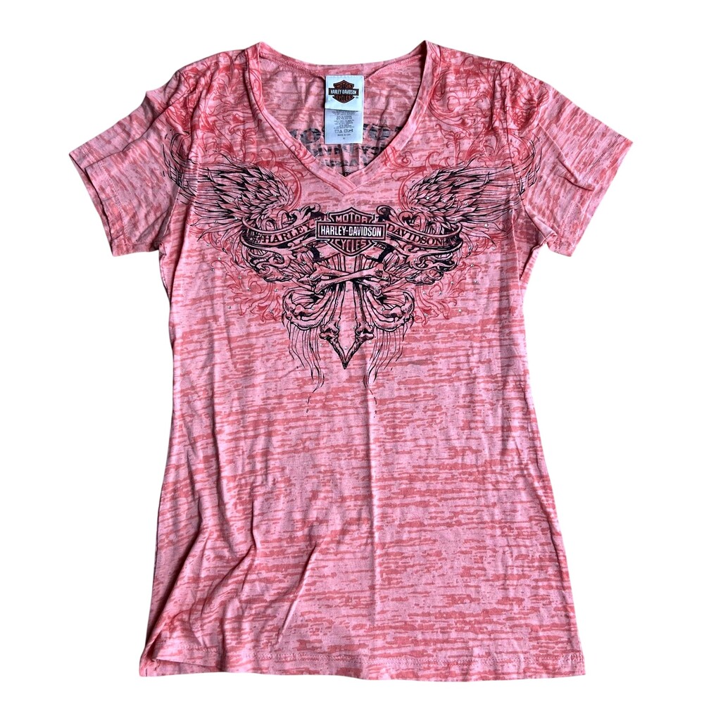 Y2K Harley-Davidson Shirt Womens M Pink V-Neck Rhinestone Graphic Austin Texas